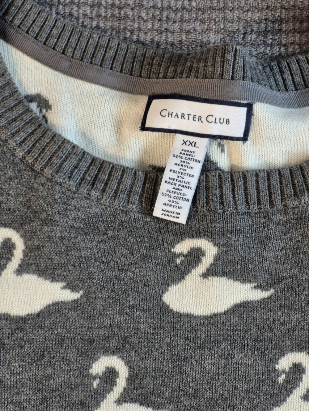 Metallic Gray & White Swan Crew Neck Sweater XXL Charter Club Whimsy Fairytail, - Picture 2 of 8